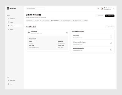 Participant Goal Management b2b crm dashboard healthcare healthcare platform interface participant goal management product design saas support plan uiux webapp
