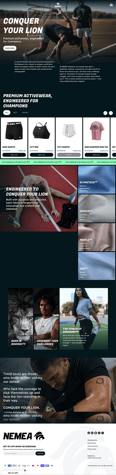 Gym Wear Shopify Website (Nemea Athelatica) athlete wear gym wear shopify web design shopify website ui