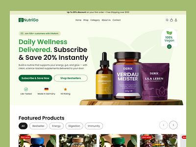 Natural Supplement Shopify Landing Page Design UX – NutriGo clean supplement branding health wellness ecommerce herbal supplements online high converting shopify store ideatedlab mobile first ecommerce design modern supplement website natural dietary supplements natural health supplements natural nutrition products natural supplement store natural wellness brand nutrition supplement store organic supplement shop shopify conversion optimization shopify ecommerce design shopify supplement website supplement landing page ux supplement subscription flow