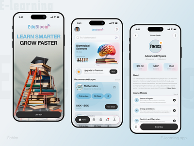 E-learning App UI app app design course app e learing app e learning e lraning app edtech education app educational platform fahim learning learning app learning platform mobile app mobile app design online class online course online learning ui uiux