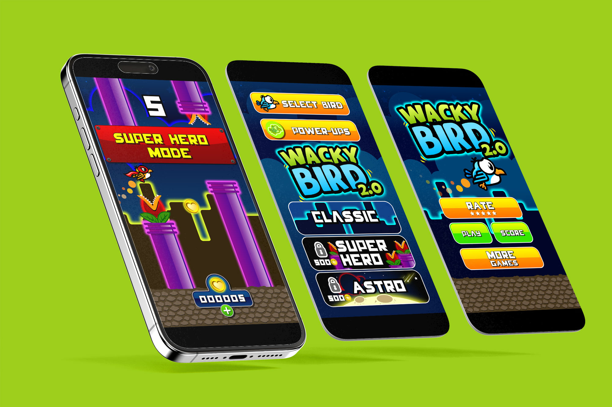 Wacky Bird Mobile Game Design apps arcade blue clean creative design fun gaming graphic design interface logo mobile modern playful print professional ui web website young