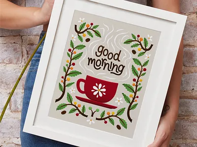 Good morning coffee botanical coffee floral folk folk art graphic art illustration lettering licensing mug surface pattern vector