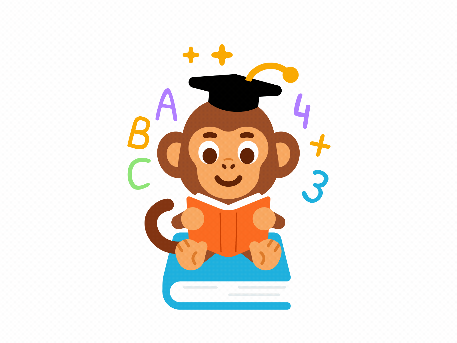 Genie Monkey reading animation animation app app animation book cartoon character children flat funny icon illustration kids learning lottie mascot monkey motion design motion graphic motion graphics school