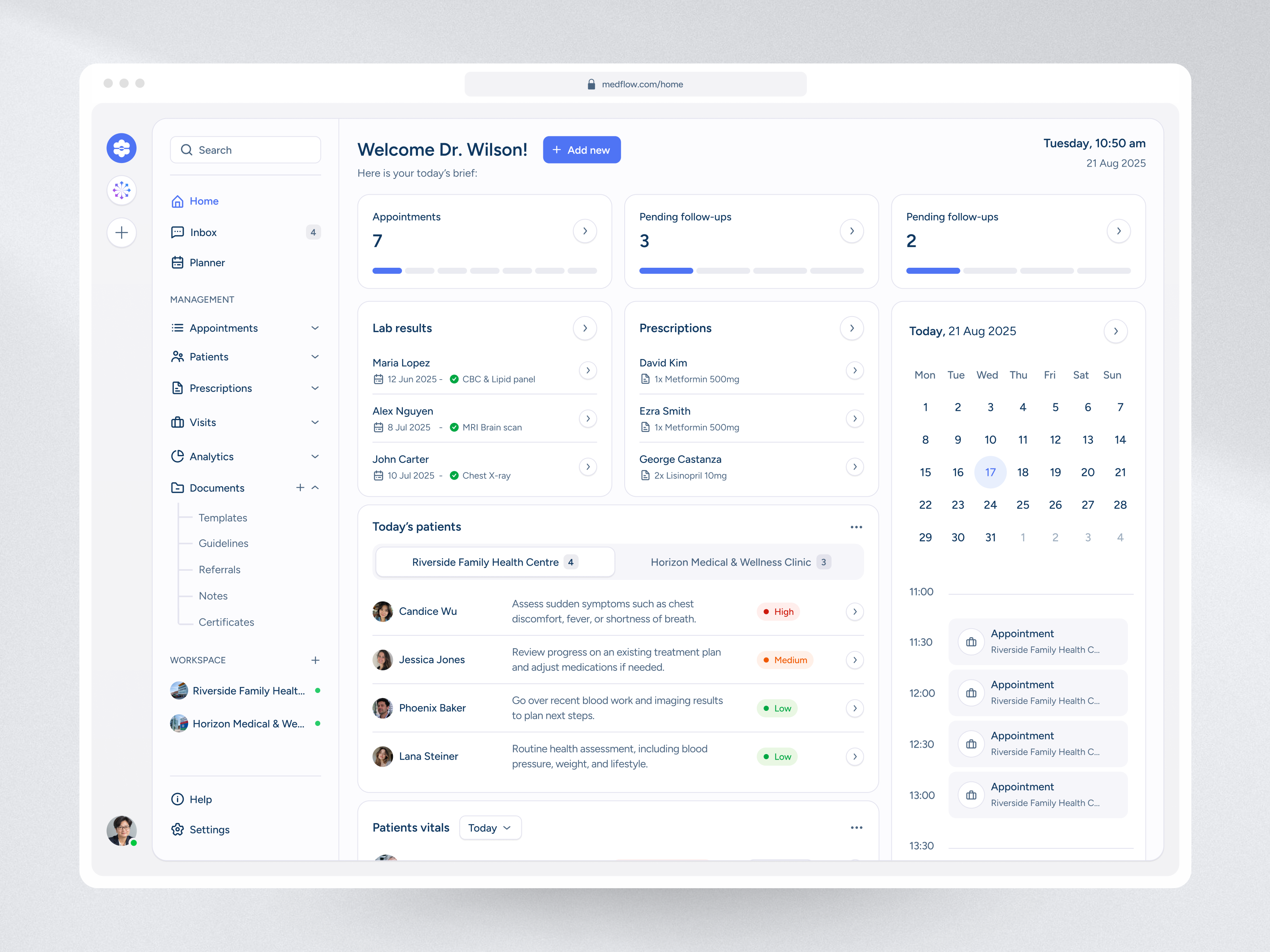 Medflow: Medical management tool analytics app appointment calendar dashboard hostpital med medical metrics patients planner productdesign tasks ui ux