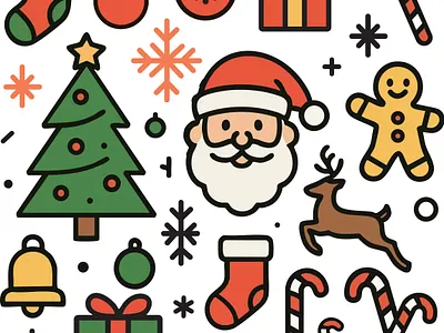 Christmas Vector Template Single Page Layout Minimal Tree Santa bells bold lines candy canes christmas clipart christmas tree vector christmas vector easy to trace festive vector flat vector gifts gingerbread man holiday illustration holiday template minimal line art ornaments reindeer silhouette santa claus vector snowflakes stockings vector illustration