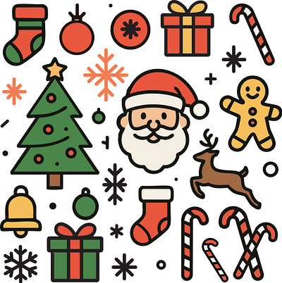 Christmas Vector Template Single Page Layout Minimal Tree Santa bells bold lines candy canes christmas clipart christmas tree vector christmas vector easy to trace festive vector flat vector gifts gingerbread man holiday illustration holiday template minimal line art ornaments reindeer silhouette santa claus vector snowflakes stockings vector illustration