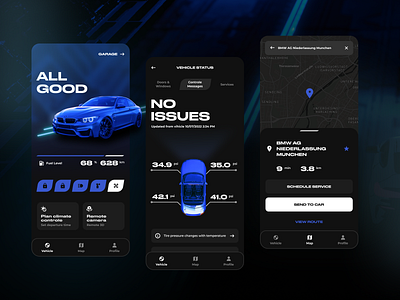 BMW App Concept Design app application automotive blue bmw car carcontrole concept controle cyberpunk design futuristic interface light minimalistic night ui user experience user interface ux
