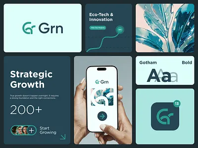 Grn: Eco-Tech Logo & Brand Identity abstract app icon brand identity branding branding design branding kit g logo logo logo brand logo mark minimal modern symbol tree logo visual design