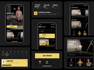Fitness & Workout App UI with Dark Mode Training Programs athlete app dark mode ui exercise app fitness app fitness program fitness tracker gym app healthtech mobile app design mobile ui modern ui sports app strength training training app training dashboard ux ui design video workouts wellness app workout app workout schedule