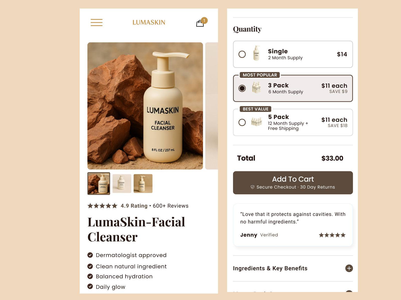 LumaSkin – Skincare E-Commerce Product Page UI Design conversiondesign crodesign dribbble ecommercedesign ecommerceux ecommercewebsite figma landingpagedesign minimal mobileui productdesign productpage shopifydesign skincare uxdesign webdesign