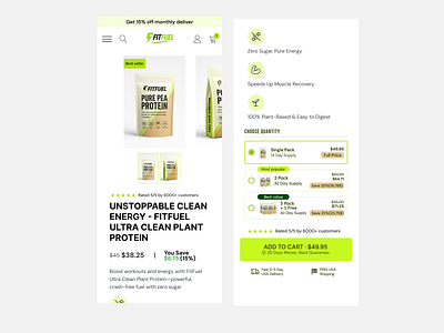 FitFuel – Protein E-Commerce Product Page UI conversiondesign crodesign dribbble ecommerce figma fitness landingpage mobileui productdesign productpage shopifydesign supplements uiux uxdesign webdesign