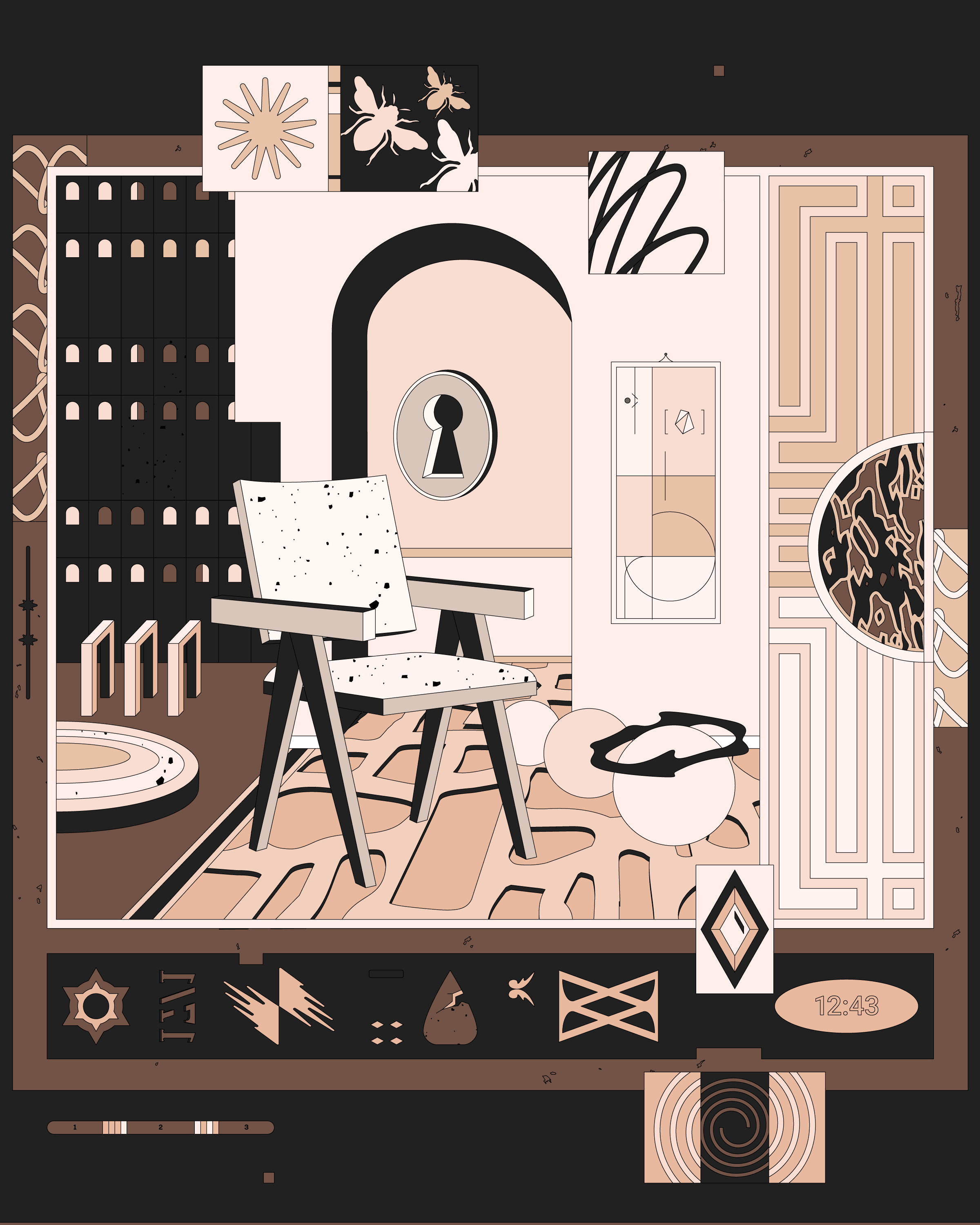 Slow Hour architecture beige brown chair chair illustration contrast digital art furniture illustration graphic art graphic illustration grid interior illustration natural objects precise room room illustration sharp vector art