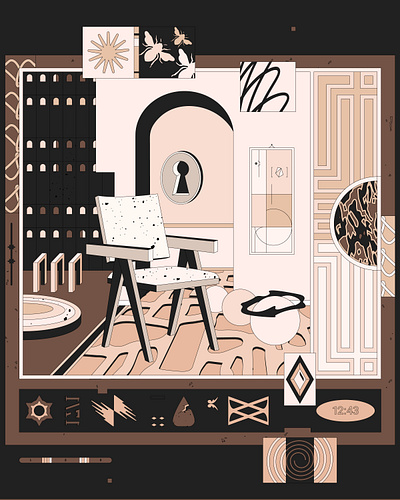 Slow Hour architecture beige brown chair chair illustration contrast digital art furniture illustration graphic art graphic illustration grid interior illustration natural objects precise room room illustration sharp vector art