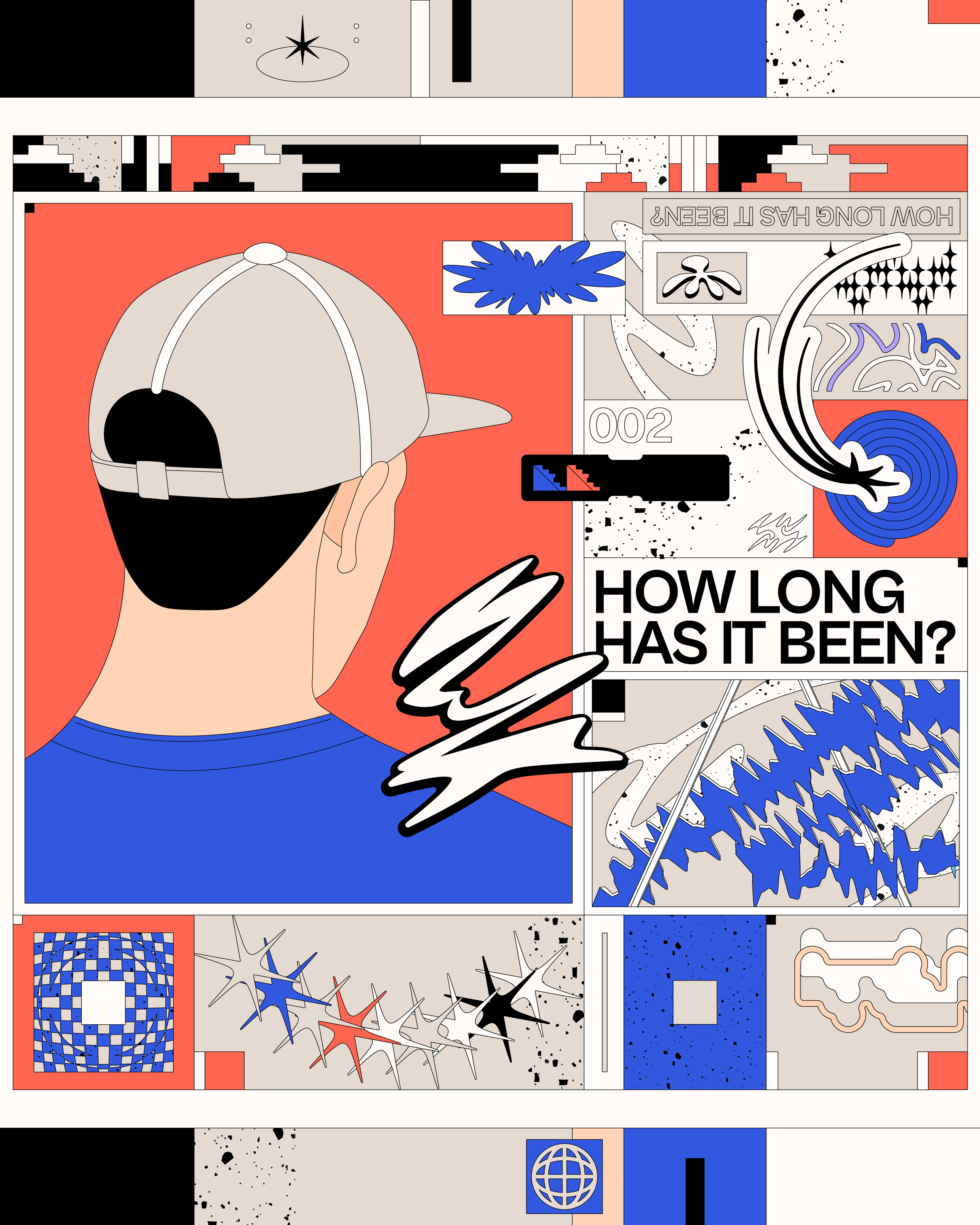 How Long Has It Been? album cover blue blue and orange cap colorful colors graphic illustration illustration art man orange person poster poster art poster design question symbols vector art vector illustration vibrant