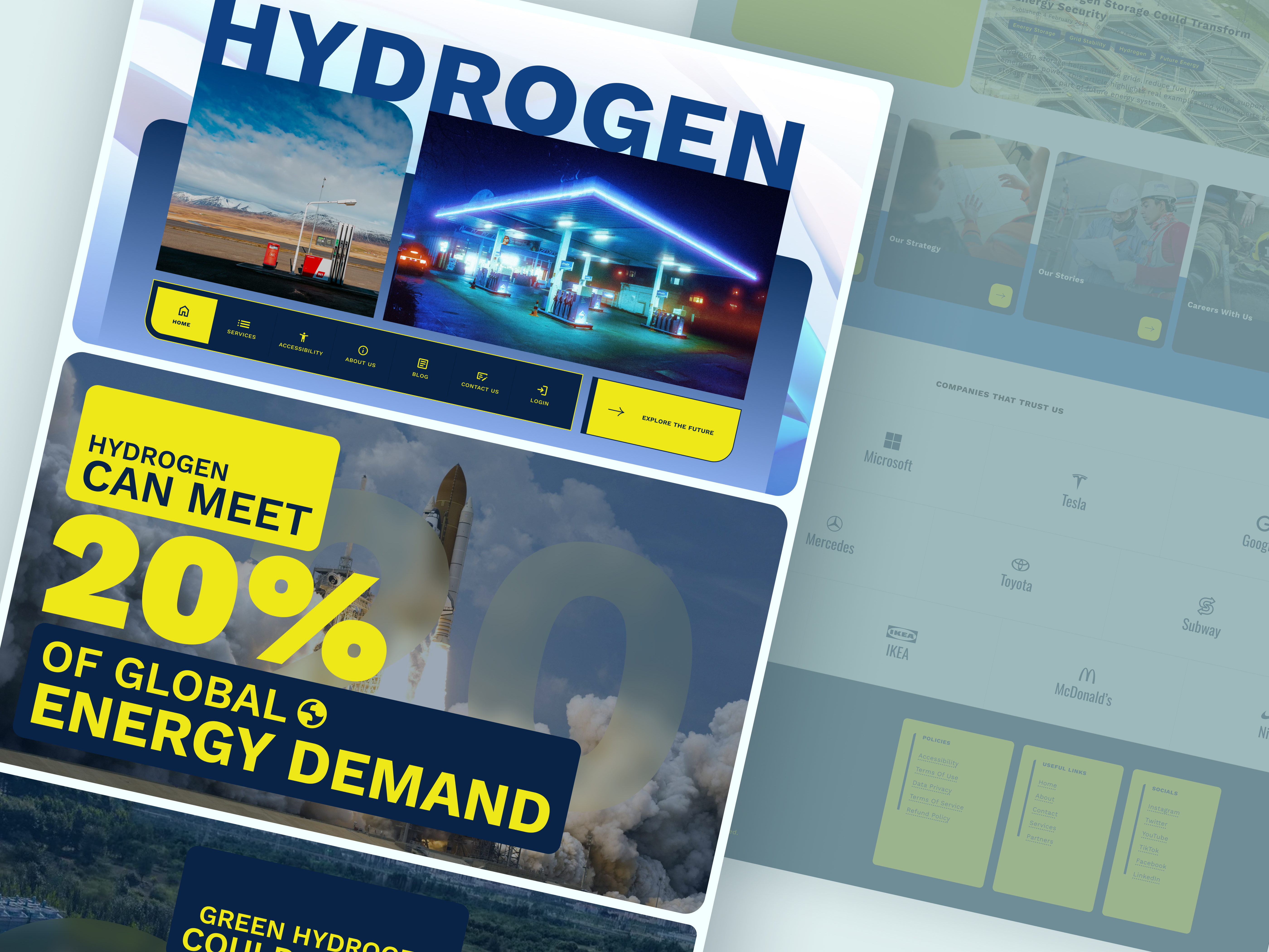 Hydrogen Future: Homepage & Hero Experience bold typography clean energy climate tech component based design data visualisation design system energy dashboard futuristic ui homepage design hydrogen interface design landing page modern ui product design renewable energy sustainable design ui design ux design visual storytelling web design
