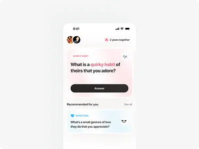 App for couples answer app card card design clean design couple couple app gradients mobile app relationship tinder ui ux