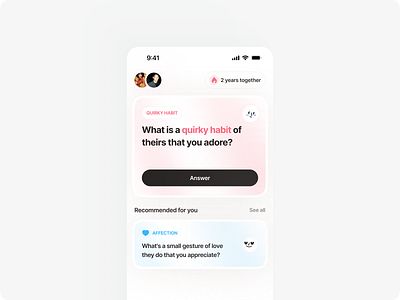 App for couples answer app card card design clean design couple couple app gradients mobile app relationship tinder ui ux
