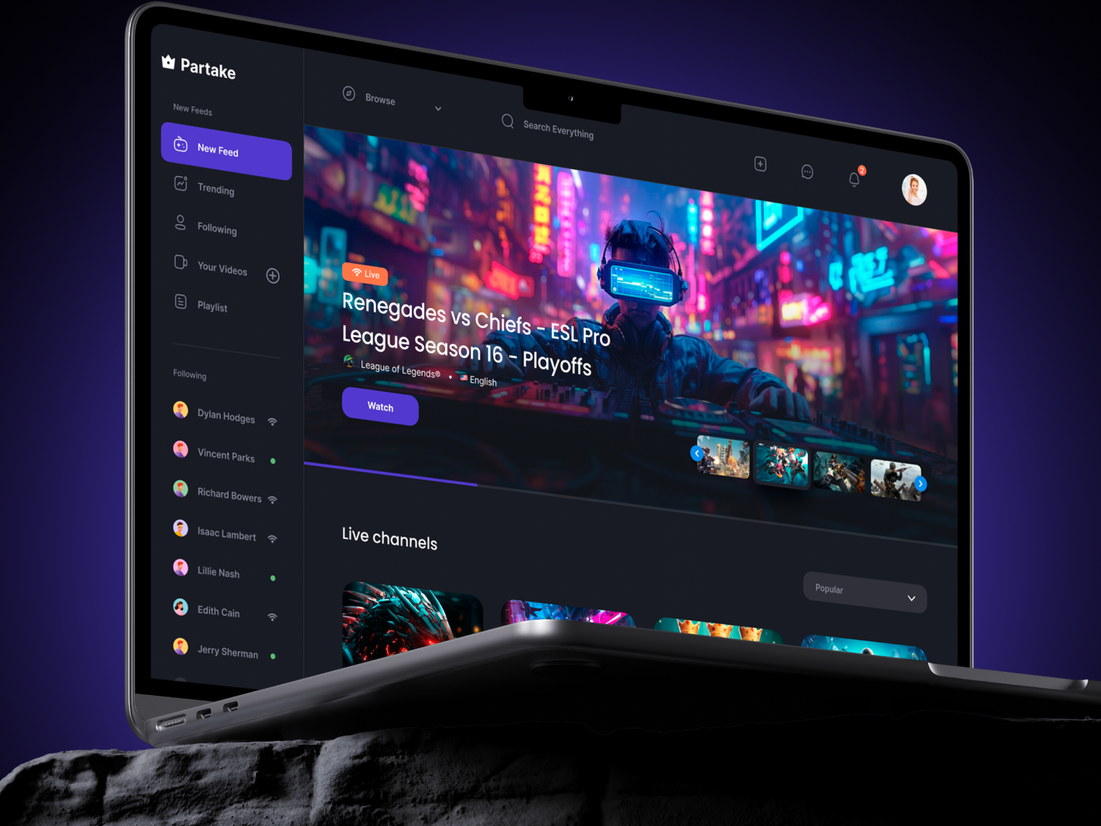 Partake Gaming Dashboard Figma Design dark mobile app dark web dashboard figma game app game interface gaming gaming game gaming minimal design gaming website interface minimal player design