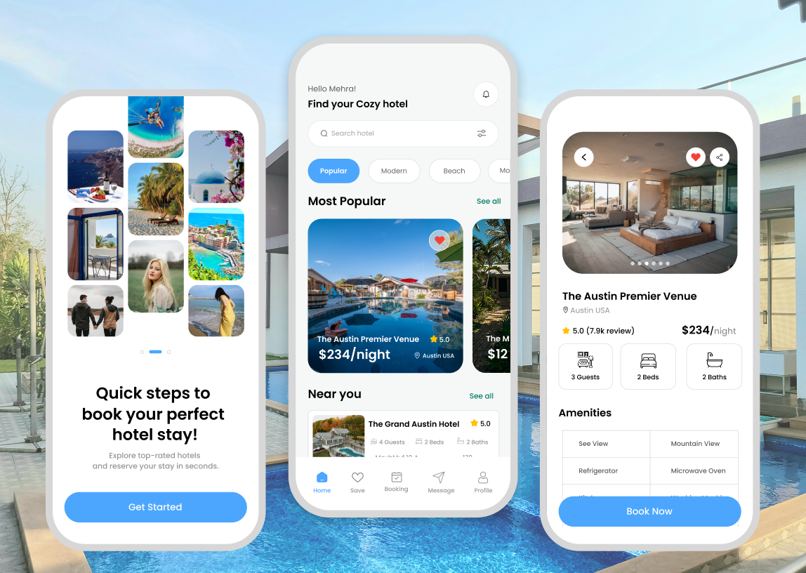 Luxury Hotel Booking App UI/UX Design – Modern Travel app design booking app design graphic design hotel booking app logo mobile app design reservation app ui ui design ui ux design uiux user experience user flow user interface ux web app