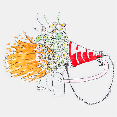 Be Your Biggest Fan blooming colorful dynamic explosion fan flowers illustration joselo rocha art loudness megaphone mental health awareness patterns playful positive affirmation quirky self empowerment self love vibrant visual metaphor whimsical