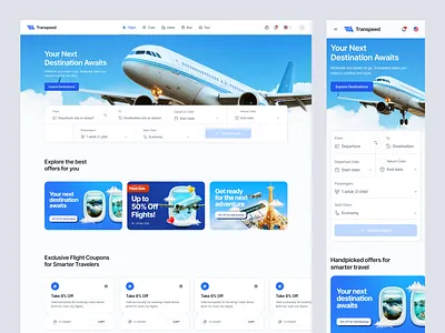 Transpeed — Flight Booking Landing Page airline booking booking ui clean ui figma design flight booking hero section homepage design interface design landing page minimal ui modern website plane responsive design travel agency travel deals travel landing page travel website ui design user experience web design