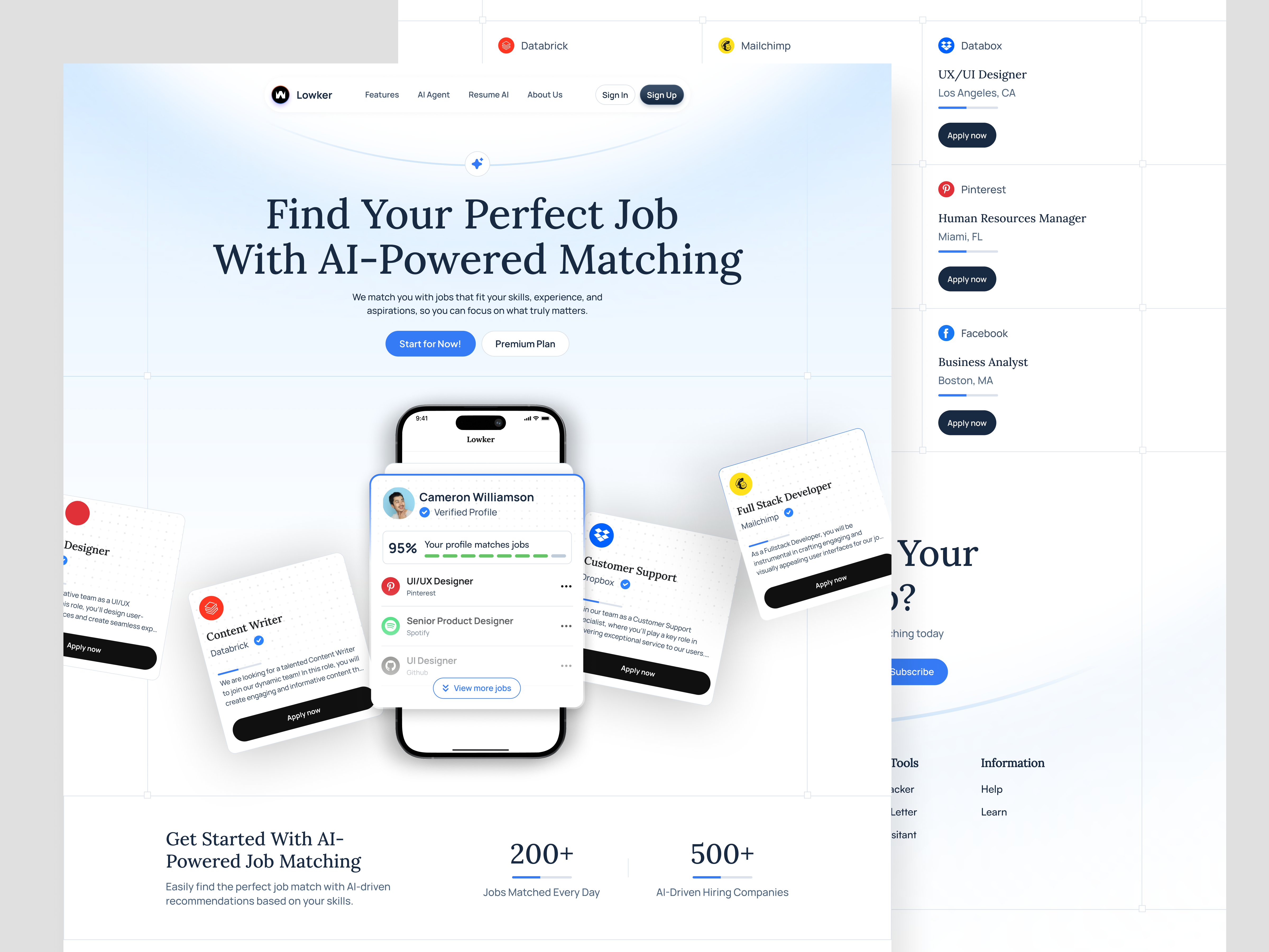 AI Job Hunting Website ai ai assistant ai job ai job landing page ai job website ai powered design hiring job job finder job hunter job hunting landingpage minimal modern ui ui design ux design website works