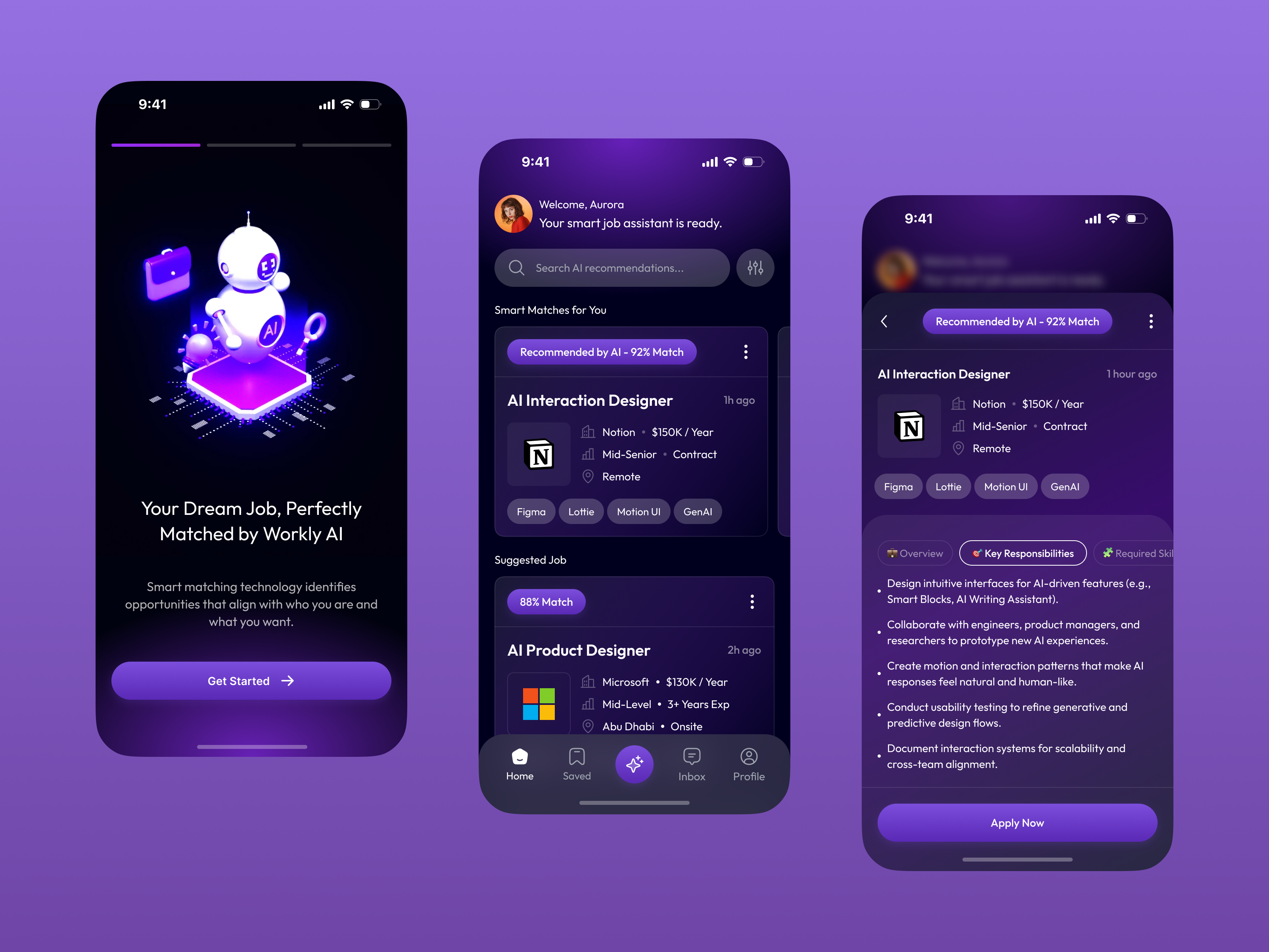 AI Job Finder Mobile App 3d ai finder job animation app branding clean design graphic design illustration logo mobile app motion graphics purple robot simple smart ui ux website