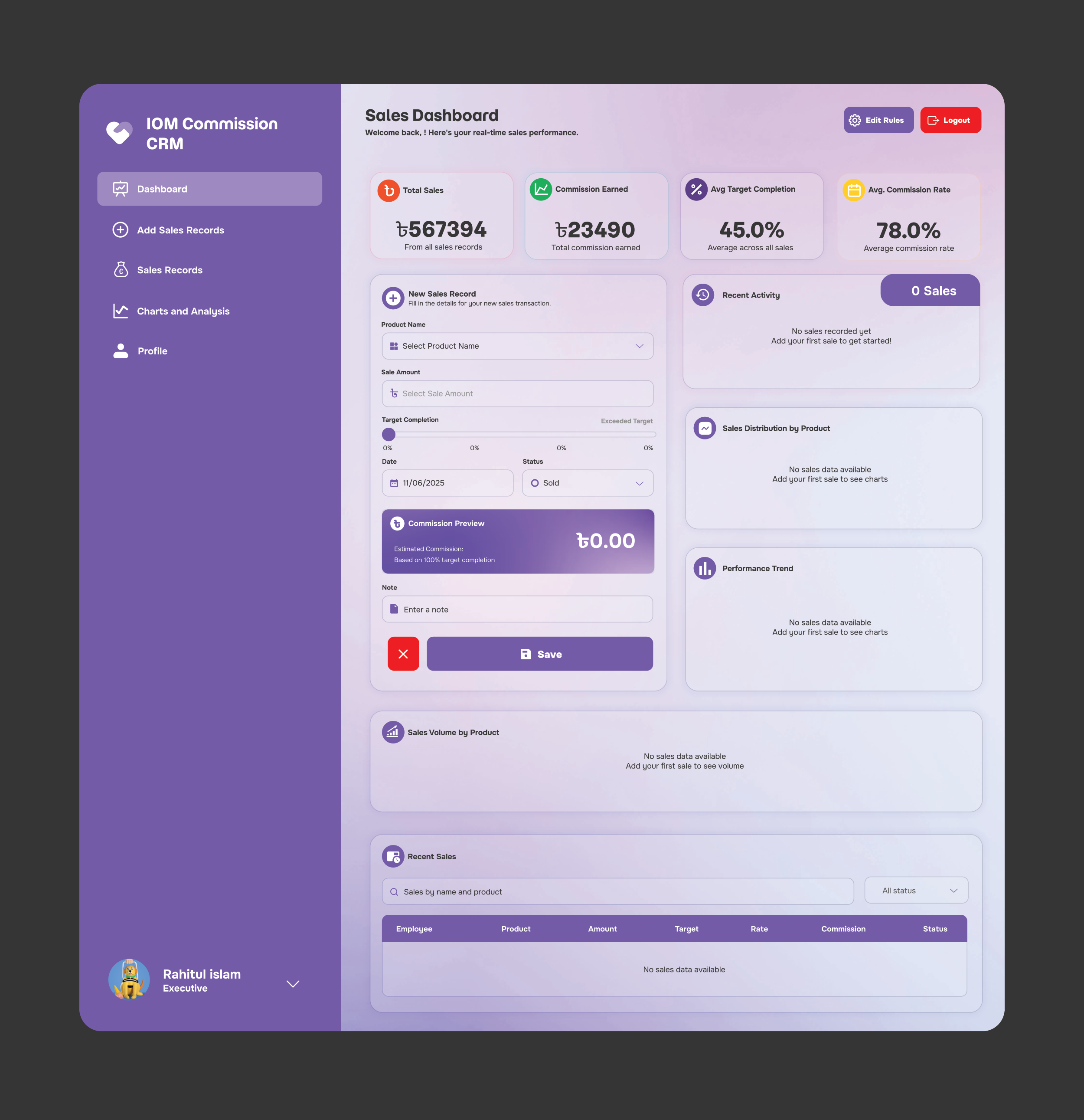 Commission CRM Dashboard app branding design graphic design illustration logo typography ui user interface ux vector