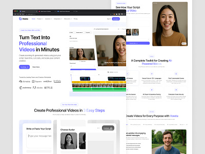 Voxeta - AI for Video Editor & Generator (Landing Page) ai generate ai website blog page career page faq page feature page job vacancy page landing page pricing page product page redesign website responsive design saas template page ui ux design video editor video editor website video generator voice over website