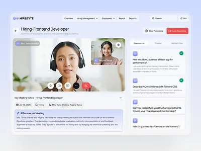 Hirebyte - AI Interview Platform UIUX admin ai interview application dashboard hiring hr hr manager interview recruiter saas video call video meeting web application