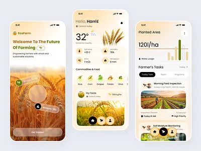 EcoFarm – Farming Mobile App agriculture dashboard agriculture ui app design clean ui crop management dashboard ui ecofarm farm management farming app field monitoring minimal ui mobile app mobile app design modern app design smart farming sustainability app weather app ui