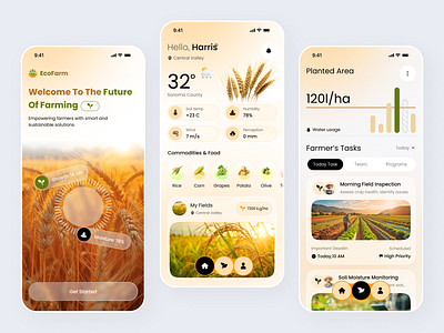 EcoFarm – Farming Mobile App agriculture dashboard agriculture ui app design clean ui crop management dashboard ui ecofarm farm management farming app field monitoring minimal ui mobile app mobile app design modern app design smart farming sustainability app weather app ui
