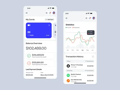 Finance Overview UI, Mobile Banking App app design card management crypto dashboard ui finance app finance dashboard fintech design interface design mobile banking mobile ui money overview product design spending tracker statistics ui transaction ui ui design