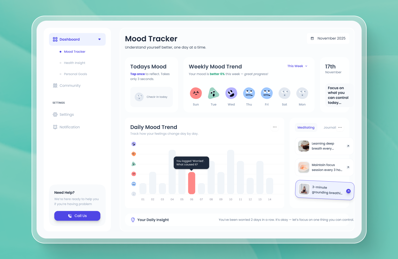 Example of Gently Mood Tracker Dashboard — Wellness App UI Exploration