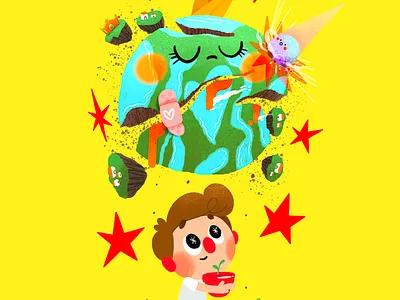 Big world cartoon catastrophe character color cute design destruction end illustration meteorite plant world