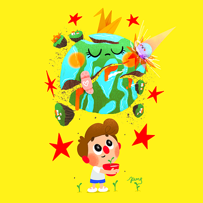 Big world cartoon catastrophe character color cute design destruction end illustration meteorite plant world