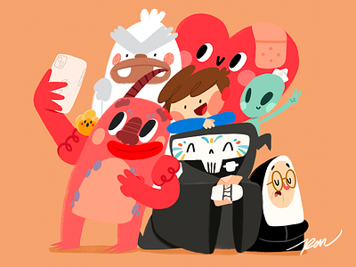 Pon & Friends alien cartoon character color cute death design devil fire friends heart illustration nun yeti