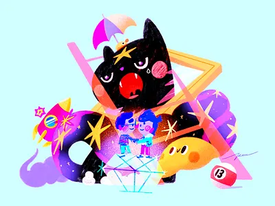 Friday the 13th luck 13 bad black cartoon cat character color couple cute design diamond humor illustration luck stairs umbrella