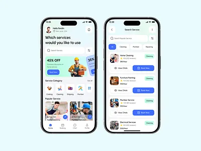 Home Service Mobile App UI app design booking booking app clean cleaning app cleaning service cleaning services delivery app electricity home service home services app house works mobile app mobile ui plumber services ui ux