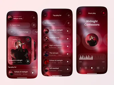 Music Streaming App UI – Personalized Playlists & Visual Player ai music app ai music player app design audio player conceptual design dark mode entertainment app media player mobile app modern ui music app music player music streaming music ui playlist playlist app red aesthetic trending music uiux design user interface