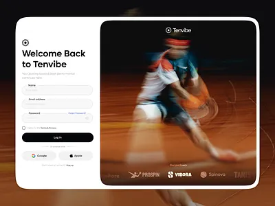 Tenvibe — Modern Login Experience appdesign athleteapp cleanui interface landingpage loginpage minimaldesign modernui productdesign sportsapp ui uiconcept ux webdesign