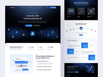 Zenith - The Omnichannel CRM Fuelled by AI Landing Page ai artificial intelligence automation b2b clean conversational ai crm dipa inhouse intuitive design landing page marketing minimal modern design omnichannel saas smart crm startup web design website