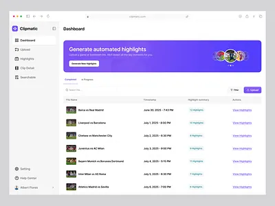 Clipmatic – Sports Highlight Dashboard app dashboard dashboard ui dashboardui dashboardux design figma interface product product design product ui service sports dashboard sports highlight dashboard startup ui ux wavespace web website
