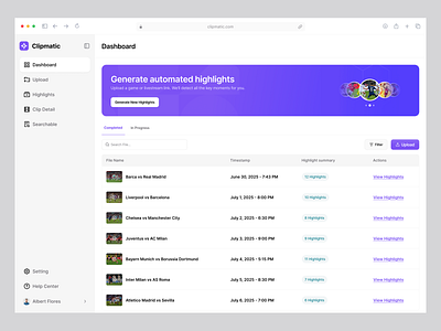 Clipmatic – Sports Highlight Dashboard app dashboard dashboard ui dashboardui dashboardux design figma interface product product design product ui service sports dashboard sports highlight dashboard startup ui ux wavespace web website