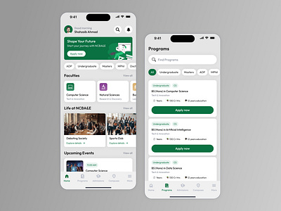 Education App Mobile UI academic mobile experience academic programs app admissions app ui campus app ui clean ui design college app design dribbble ui inspiration education mobile app figma ui concept green theme design higher education app minimal mobile design mobile product design mobile ui concept modern card layout program finder ui student app interface student portal ui ui ux mobile design university app ui