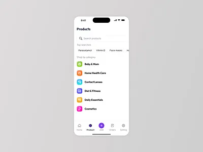 Search Products UI Design app interface design clean search screen health products app medicine search app minimal app ui mobile search design mobile ui design modern mobile ui pharmacy products ui product finder ui product list ui product search app search bar design search screen ui user search flow