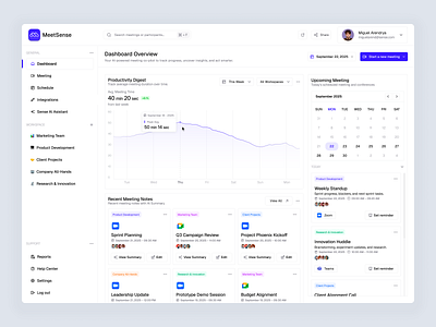 AI Powered Meeting Overview Dashboard ai ai meeting dashboard analytics analytics dashboard assistant calendar dashboard data design kanban meeting minimal modern overview schedule ui ui design ux design website works