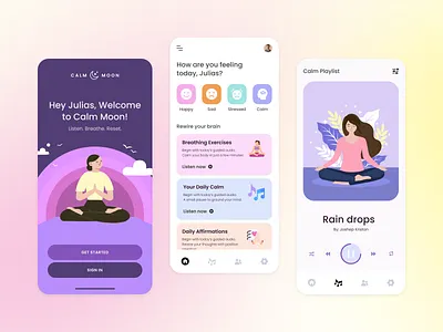 Calm Moon, Meditation App app audio branding clean concept design figma illustration meditation meditation app minimal mobile music ui uiux uiux design ux