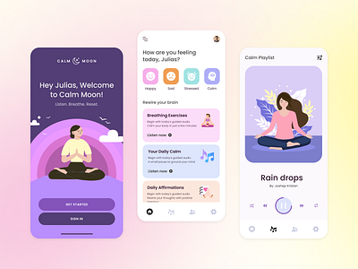 Calm Moon, Meditation App app audio branding clean concept design figma illustration meditation meditation app minimal mobile music ui uiux uiux design ux