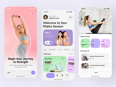Pilates Fitness Mobile App UI app daily design exercise fitness health ios mobile onboarding pastel pilates planner product tracker ui ux wellness workout yoga